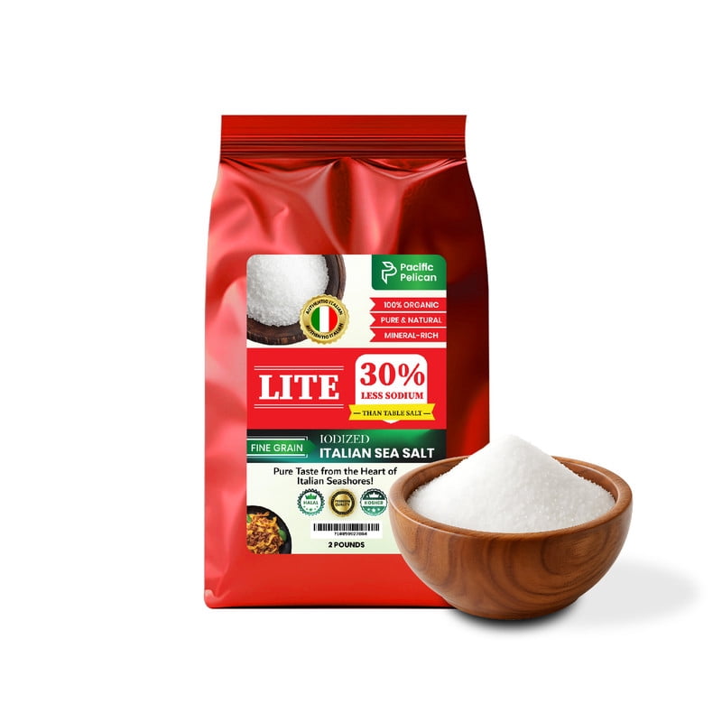 Pacific Pelican 30% Less Sodium Iodized Lite Italian Sea Salt, 30% Less Sodium, Fine Grain, 2 Pounds, Natural & Organic; best for thyroid function ; wellness; paleo and gluten free