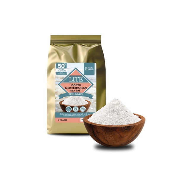 Pacific Pelican 50% Less Sodium Mediterranean Lite Sea Salt, (Iodized) Fine Grain,100% Natural, Organic, Fine Grain, 1 Pound
