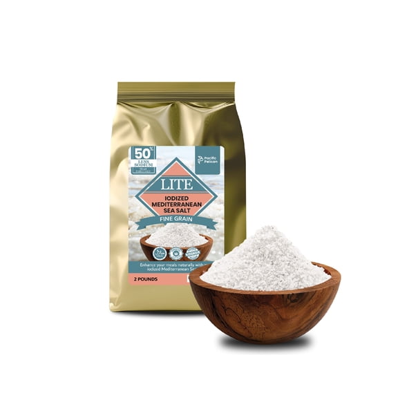 Pacific Pelican 50% Less Sodium Mediterranean Lite Sea Salt, (Iodized) Fine Grain,100% Natural, Organic, Fine Grain, 2 Pounds