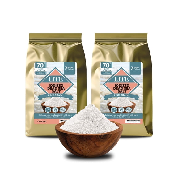Pacific Pelican 70% Less Sodium Iodized Dead Sea Lite Salt - Fine Grain | Unrefined Kosher, Natural Iodized, Low Sodium Salt for Cooking, Seasoning & Baking - Pack of 2