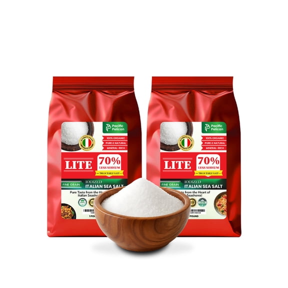 Pacific Pelican 70% Less Sodium Iodized Lite Italian Sea Salt, 70% Less Sodium, Fine Grain - Pack of 2 - Natural & Organic; best for thyroid function ; wellness; paleo and gluten free