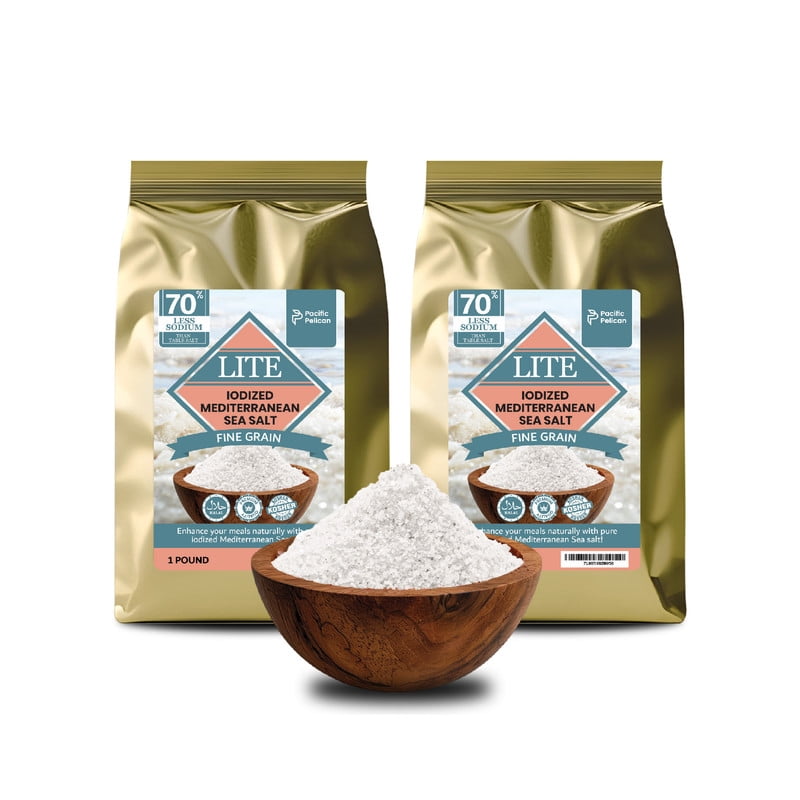 Pacific Pelican 70% Less Sodium Mediterranean Lite Sea Salt, (Iodized) Fine Grain,100% Natural, Organic, Fine Grain - Pack of 2
