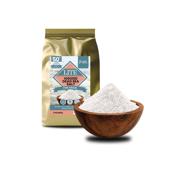 Pacific Pelican Iodized Dead Sea Lite Salt - Fine Grain | Unrefined Kosher, Natural Iodized, Low Sodium Salt for Cooking, Seasoning & Baking (2 lbs)
