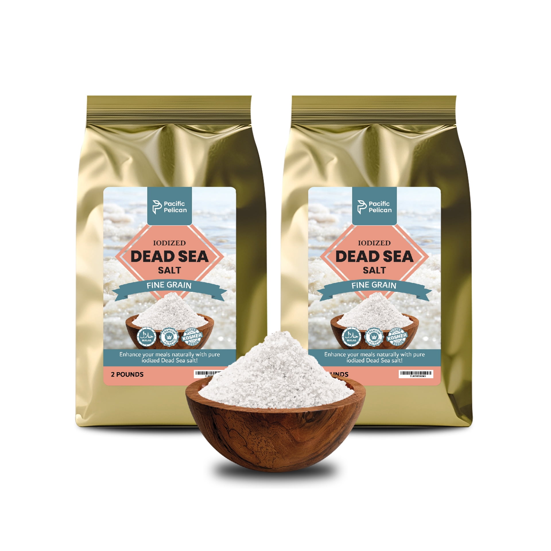 Pacific Pelican Iodized Dead Sea Salt – 2 Pounds – Coarse Grain | Pack of 2 | Kosher, Natural Iodized, Pure Sea Salt for Cooking, Seasoning & Wellness