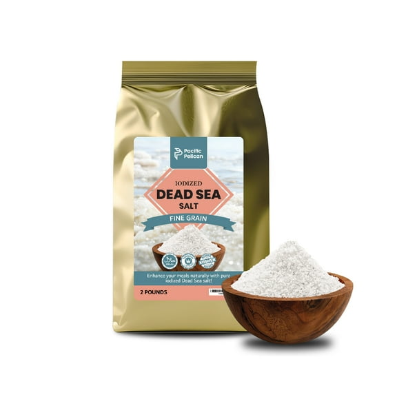 Pacific Pelican Iodized Dead Sea Salt 2 Pounds Fine Grain, Kosher, Natural Iodized, Pure Sea Salt for Cooking, Seasoning & Wellness