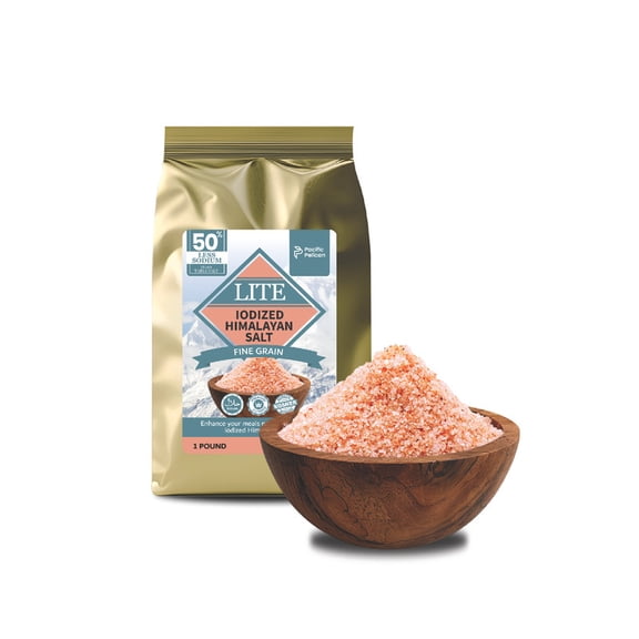 Pacific Pelican Iodized Lite Himalayan Pink Salt | 50% Less Sodium | Fine Grain, Unrefined, Pure Rock Salt, 100% Natural & Organic for Cooking, Seasoning & Wellness (1 LB)