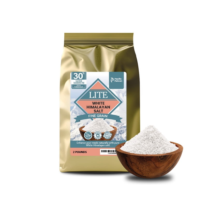 Pacific Pelican Iodized Lite White Himalayan Salt | 30% Less Sodium | Fine Grain, Unrefined, Pure Rock Salt, 100% Natural & Organic for Cooking, Seasoning & Wellness (2 LBs)