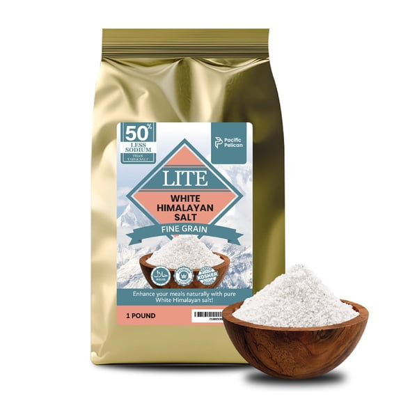 Pacific Pelican Iodized Lite White Himalayan Salt | 50% Less Sodium | Fine Grain, Unrefined, Pure Rock Salt, 100% Natural & Organic for Cooking, Seasoning & Wellness (1 LB)