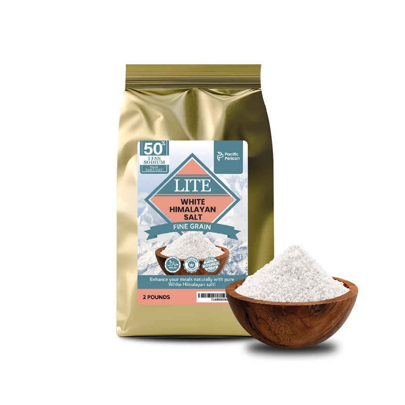Pacific Pelican Iodized Lite White Himalayan Salt | 50% Less Sodium | Fine Grain, Unrefined, Pure Rock Salt, 100% Natural & Organic for Cooking, Seasoning & Wellness (2 LBs)