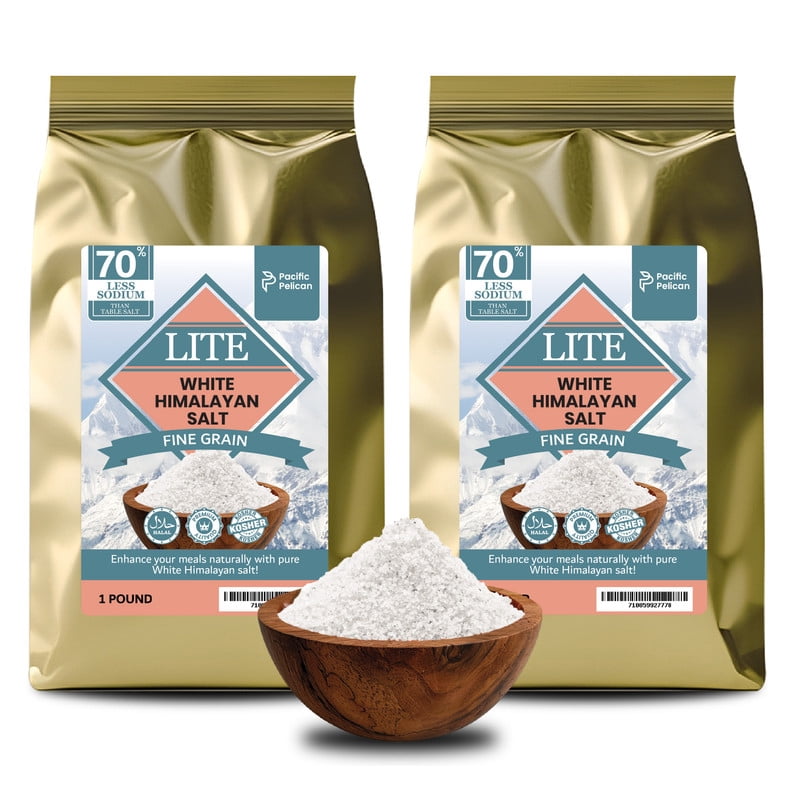 Pacific Pelican Iodized Lite White Himalayan Salt | 70% Less Sodium | Fine Grain, Unrefined, Pure Rock Salt, 100% Natural & Organic for Cooking, Seasoning & Wellness (1 LB) (Pack of 2)