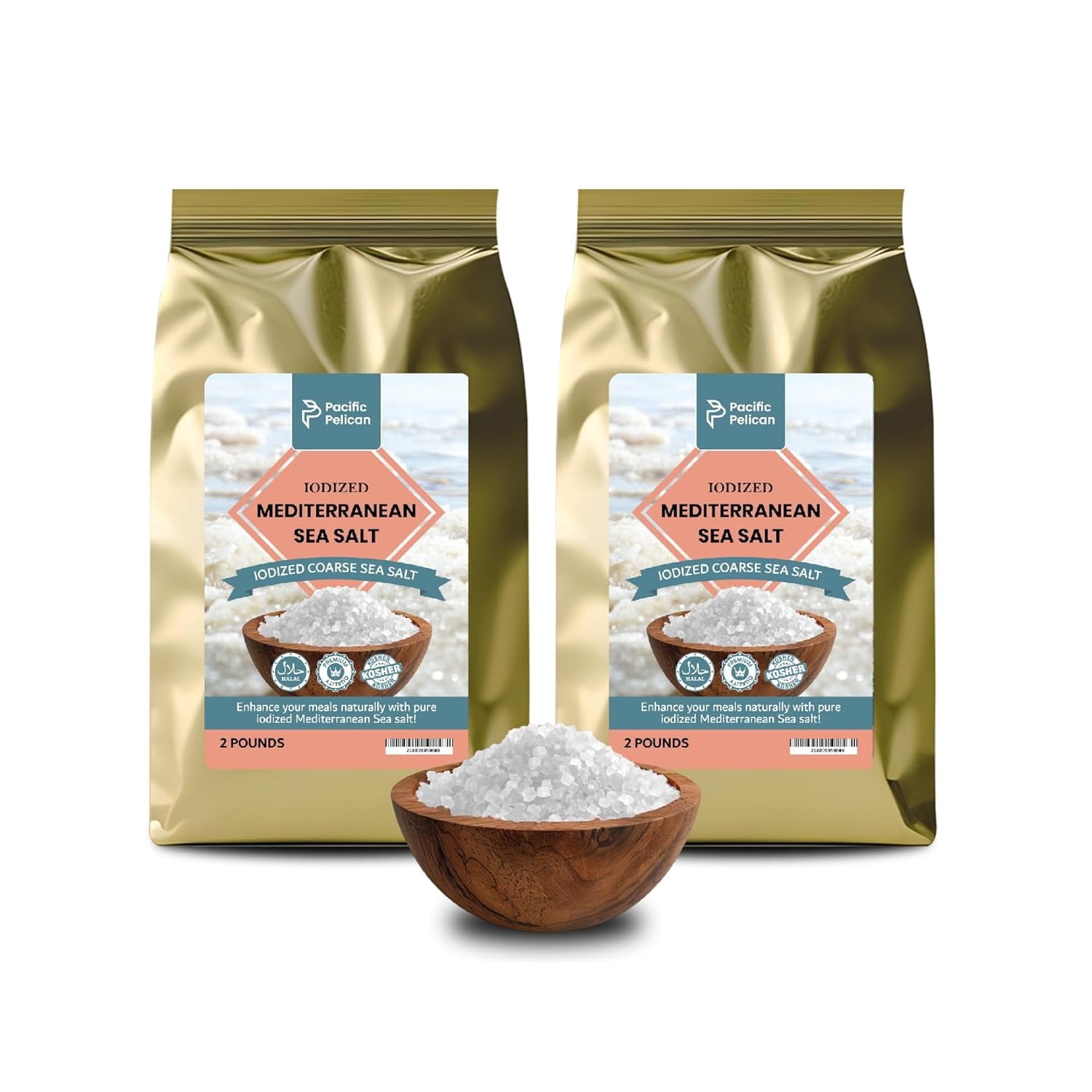 Pacific Pelican Iodized Mediterranean Sea Salt – 2 Pounds – Coarse Grain | Pack of 2 | Natural, Pure Sea Salt for Cooking, Seasoning & Wellness
