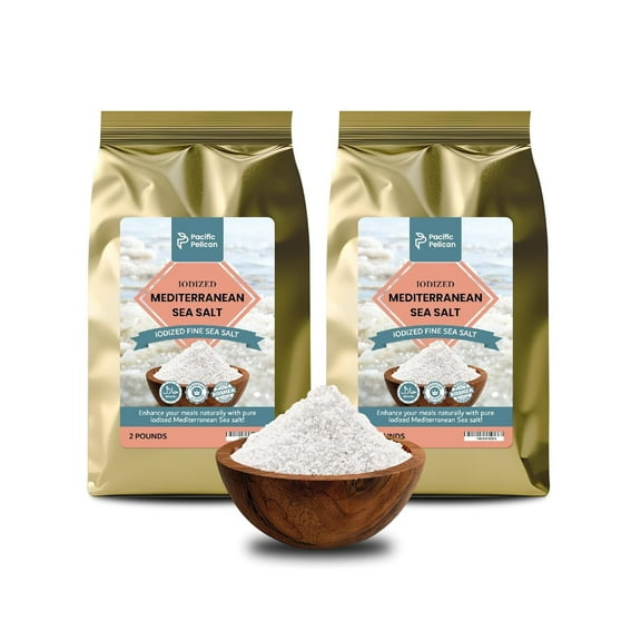 Pacific Pelican Iodized Mediterranean Sea Salt  Fine Grain  2 Pounds | Pack of 2 | Natural, Pure Sea Salt for Cooking, Seasoning & Wellness