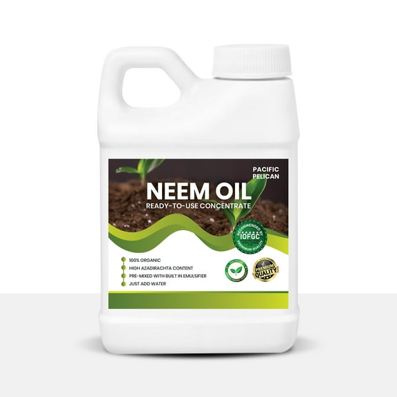Pacific Pelican Neem Oil Pre-Emulsified Concentrate, Unscented - 100% Organic, High Azadirachtin Content, Ready-to-Use with Water (16 oz)