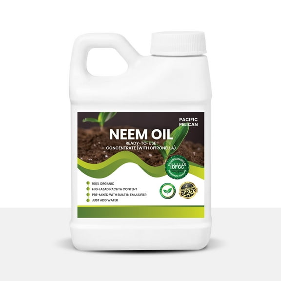 Pacific Pelican Neem Oil with Citronella Pre-Emulsified Concentrate - 100% Organic, High Azadirachtin Content, Ready-to-Use with Water (16 oz)