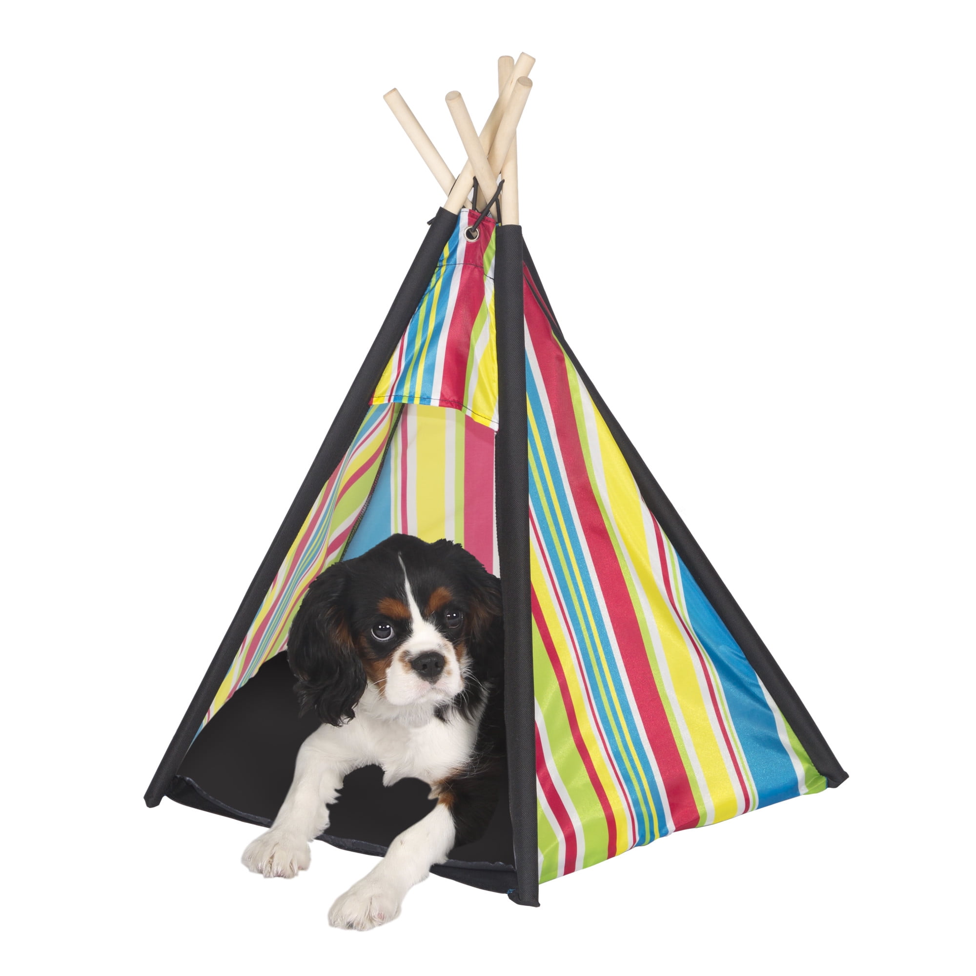 Striped Multicolor Polyester Pet Teepee with Wooden Poles