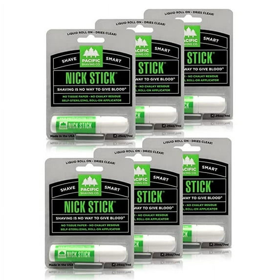 Pacific Shaving Company Nick Stick - No Tissue Paper, No Chalky Residue, Dries Clear, Liquid Roll-On Applicator, Puts Nicks in Their Place, with Vitamin E & Aloe, Styptic Pencil .25 oz (6 Pack)