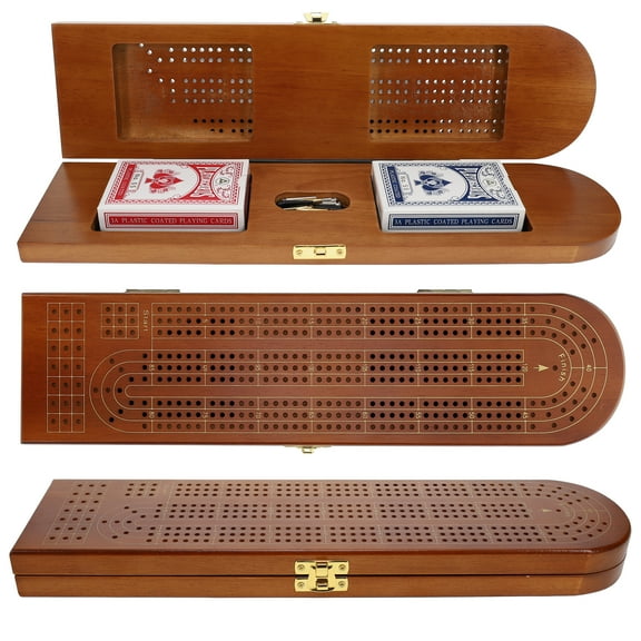 Pacific Shore Games Wooden Travel Cribbage Board Game Set, Continuous 3 Track, Walnut