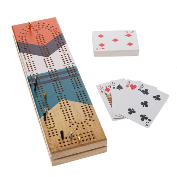 Pacific Shore Games Cabinet Cribbage Set, Solid Wood 3 Track Board, Sunrise