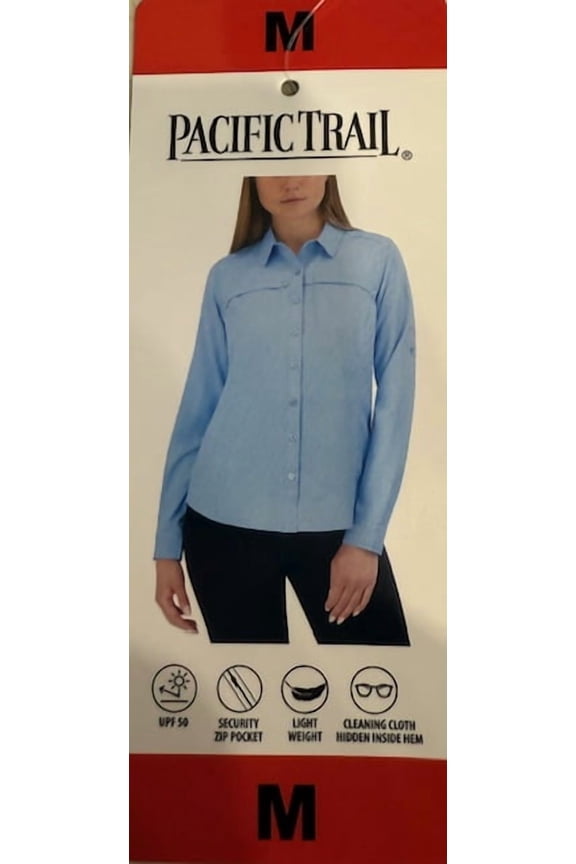 Women's Button Shirt Blue UPF 50 Outdoor Roll Tab Zip Pocket, Medium
