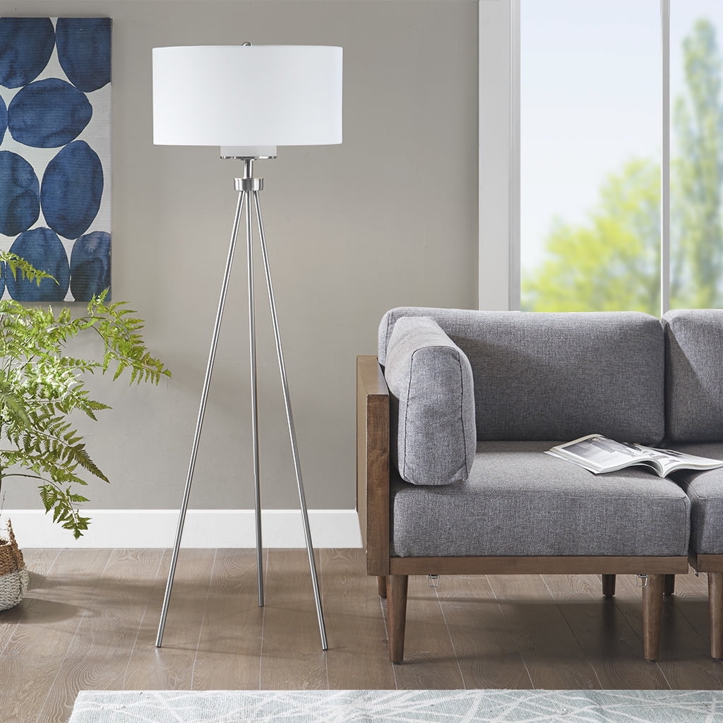 Silver Pacific Tripod Metal Floor Lamp with Grey Glass Shade