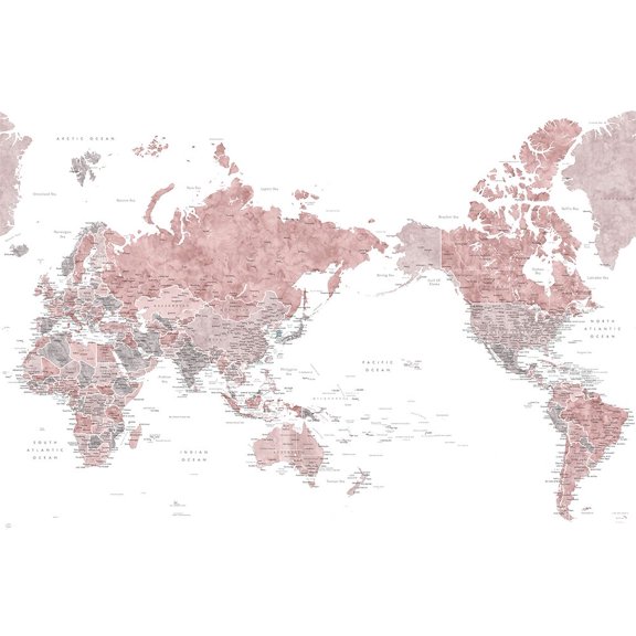 Pacific centered world map in dusty pink Poster Print - Blursbyai Rosana Laiz (36 x 20)