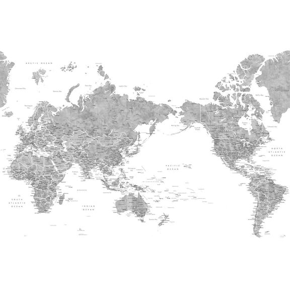 Pacific centered world map in gray watercolor Poster Print - Blursbyai Rosana Laiz (24 x 16)