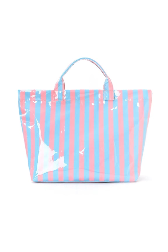 Large Striped Vinyl Tote Beach Pool Bag Waterproof Lightweight (Blue Pink)