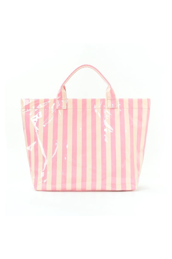 Large Striped Vinyl Tote Beach Pool Bag Waterproof Lightweight (Pink Butter)