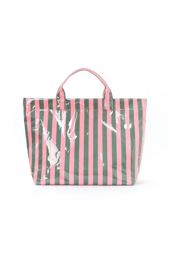 Large Striped Vinyl Tote Beach Pool Bag Waterproof Lightweight (Pink Green)
