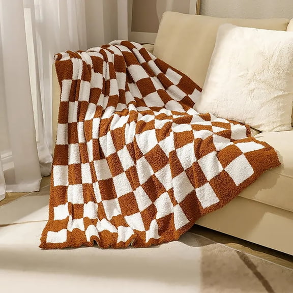 PacificPlex Plush Reversible Soft Preppy Checkerboard Throw Blanket, 50 x 60, Brown