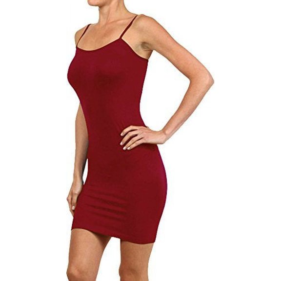 PacificPlex Seamless Solid Stretch Slip Dress Spaghetti Straps One-Size (6-10), Burgundy