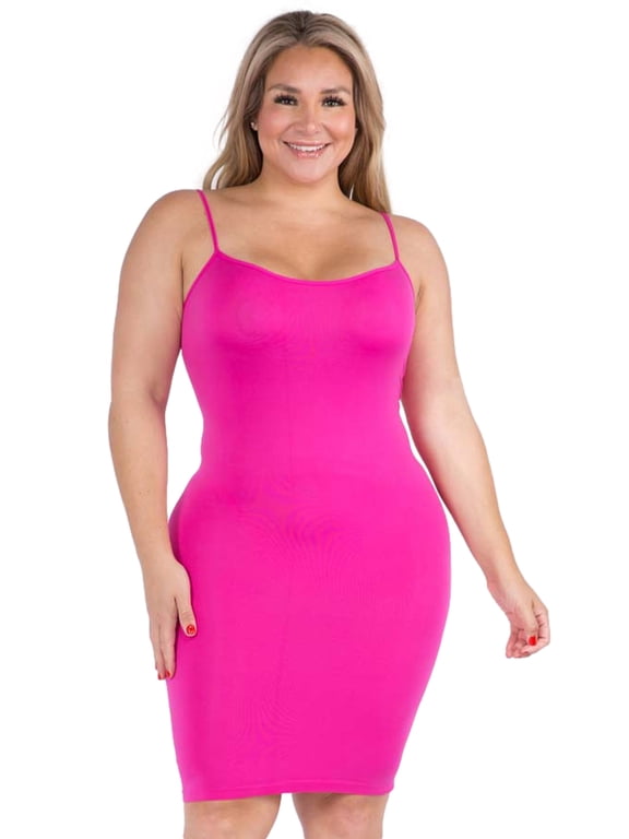 Solid Seamless Slip Dress Spaghetti Straps, One-Size Plus (12-18), Fuchsia