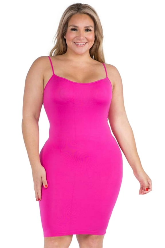 Solid Seamless Slip Dress Spaghetti Straps, One-Size Plus (12-18), Fuchsia
