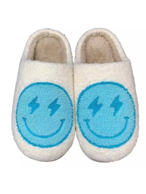 Slippers Womens Smiley Happy Face, 5-6, Blue-Lightning-Bolt