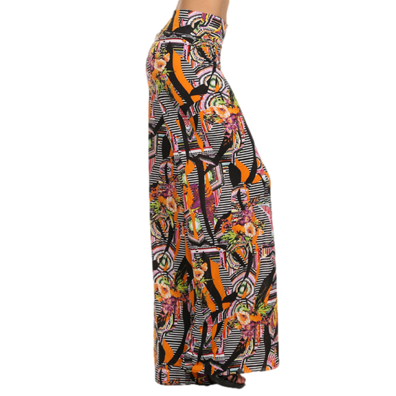 PacificPlex Womens 60's Palazzo Pants, Medium, Abstract-Stripe-Leaves-Multi