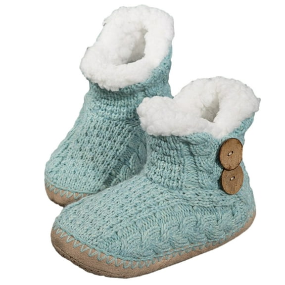 PacificPlex Womens Cable Knit Faux Shearling Fur Lined Bootie Slippers House Shoes Fluffy Soft Warm Slip On Anti-Skid Cozy Plush Cute Slipper Booties Boots (L/XL, Mint), L/XL, Mint