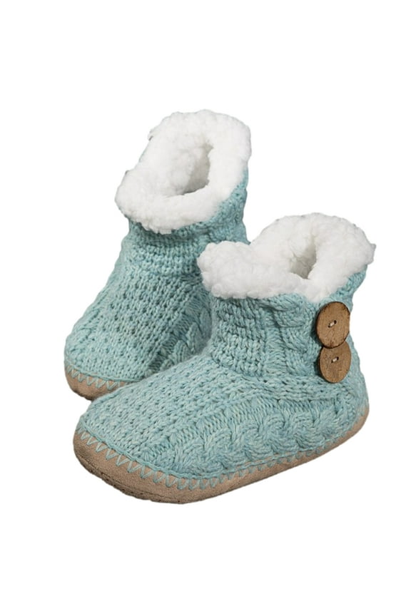 Womens Cable Knit Faux Shearling Fur Lined Bootie Slippers House Shoes Fluffy Soft Warm Slip On Anti-Skid Cozy Plush Cute Slipper Booties Boots (L/XL, Mint), L/XL, Mint