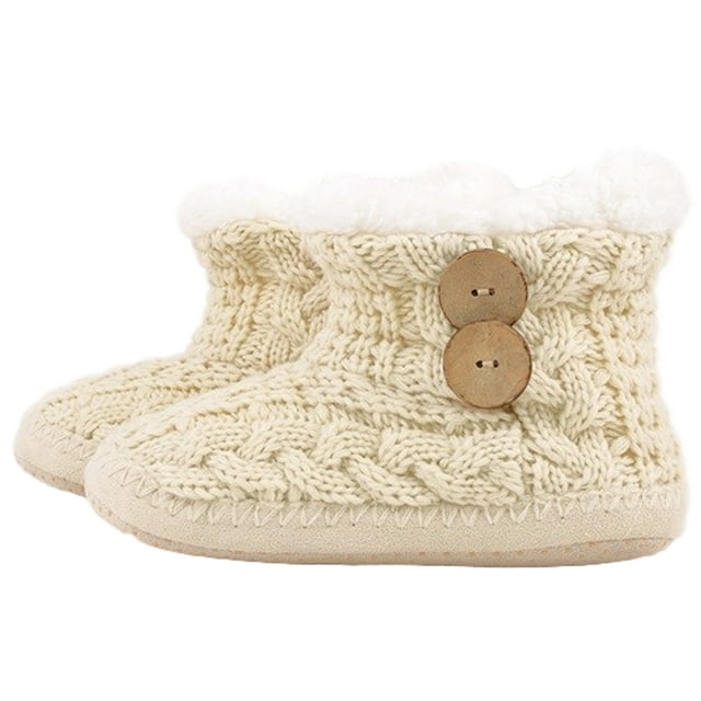 PacificPlex Womens Cable Knit Faux Shearling Fur Lined Bootie Slippers House Shoes Fluffy Soft