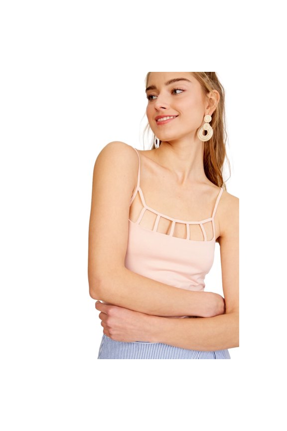 Womens Caged Neckline Spaghetti Strap Seamless Cami Tank Top (L, Blush)