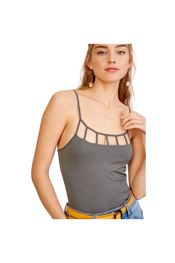 Womens Caged Neckline Spaghetti Strap Seamless Cami Tank Top (S, Charcoal)