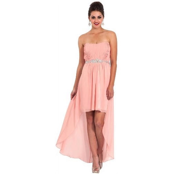 PacificPlex Womens Chiffon Strapless High-Low Gown with Crystal Trim