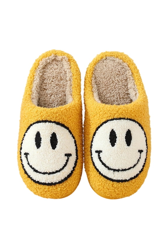 Womens Fuzzy Preppy Smile Slippers Retro Cozy Comfy Plush Warm Slip-on Happy Face Slippers Casual Indoor Soft Fluffy