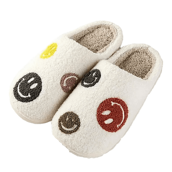 PacificPlex Womens Fuzzy Preppy Smile Slippers Retro Cozy Comfy Plush Warm Slip-on Happy Face Slippers Casual Indoor Soft Fluffy