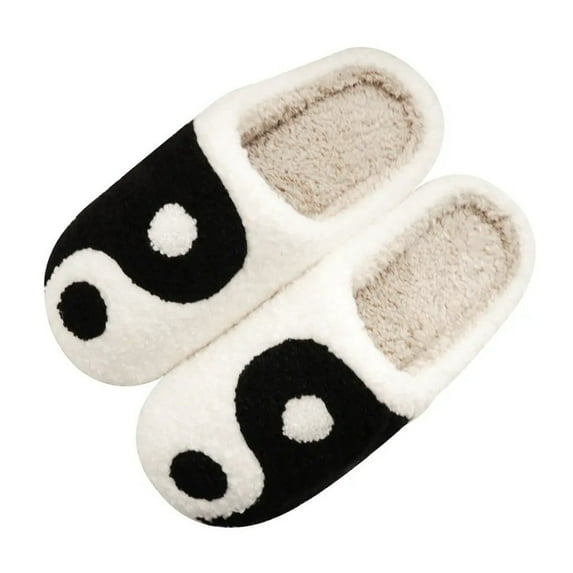 PacificPlex Womens Fuzzy Preppy Smile Slippers Retro Cozy Comfy Plush Warm Slip-on Happy Face Slippers Casual Indoor Soft Fluffy