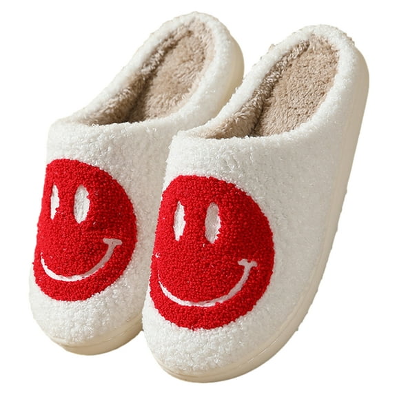 PacificPlex Womens Fuzzy Preppy Smile Slippers Retro Cozy Comfy Plush Warm Slip-on Happy Face Slippers Casual Indoor Soft Fluffy