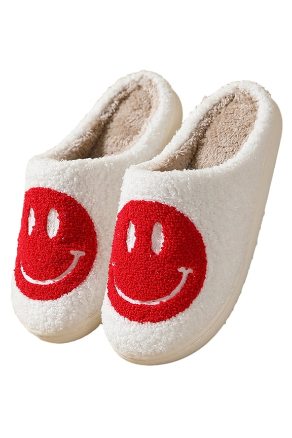 Womens Fuzzy Preppy Smile Slippers Retro Cozy Comfy Plush Warm Slip-on Happy Face Slippers Casual Indoor Soft Fluffy