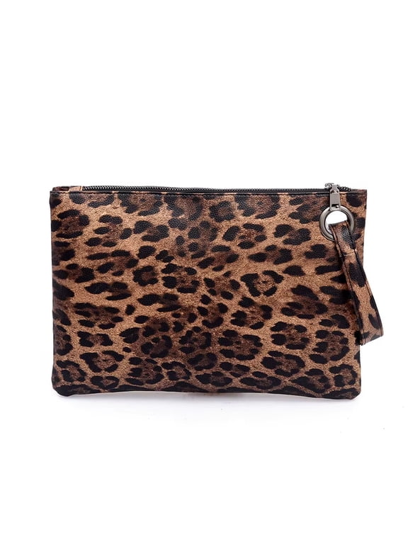 Womens Handbag Leopard Print Oversized Clutch Purse Bag (Brown)