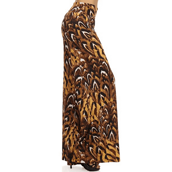 PacificPlex Womens High Waist Palazzo Pants, Medium, Brown-Feather-Animal