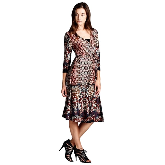 PacificPlex Womens Knee-Length Faux Wrap Damask Print Dress 3/4 Sleeve
