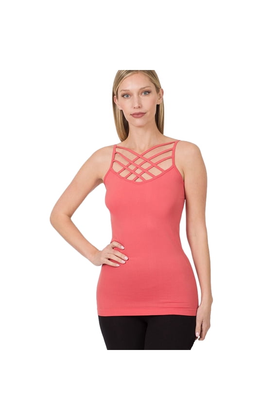 Womens Lattice Front Seamless Criss-Cross Cami Top (L/XL, Desert-Rose)